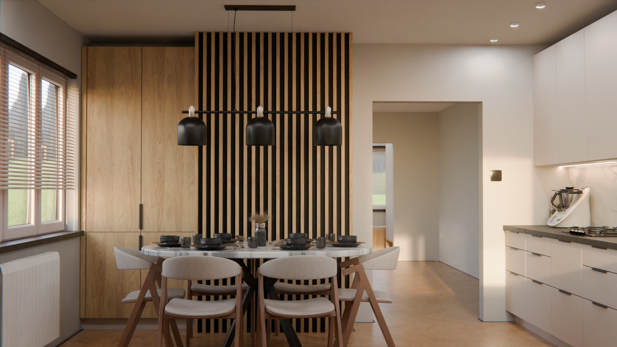 Nowoczesna kuchnia z drewnianymi frontami szafek, pionowymi lamelami na ścianie, okrągłym stołem z nakryciem i wiszącymi lampami w stylu industrialnym.