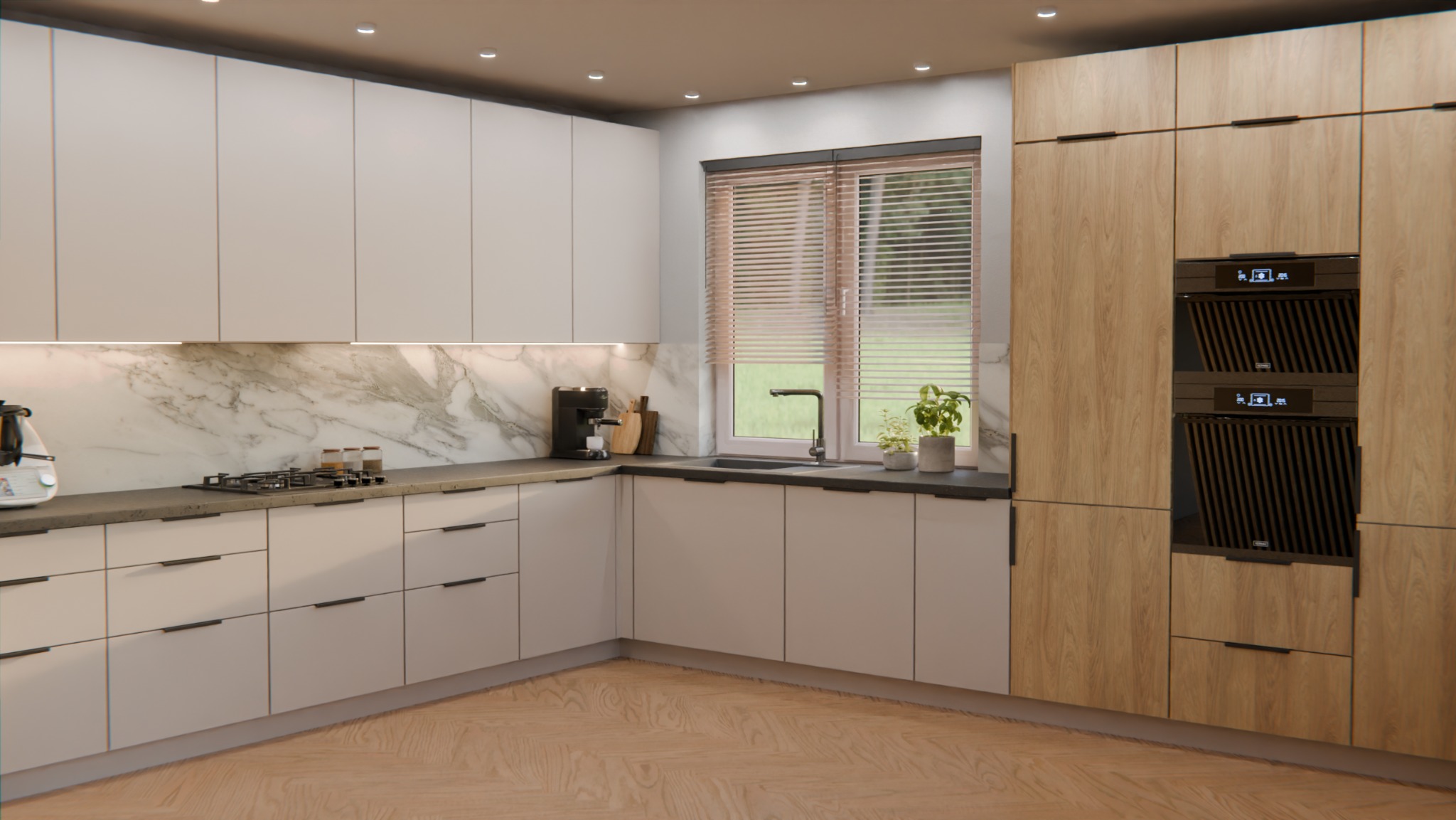 Nowoczesna kuchnia z białymi i drewnianymi szafkami, marmurowym backsplash'em i dwoma piekarnikami w zabudowie.