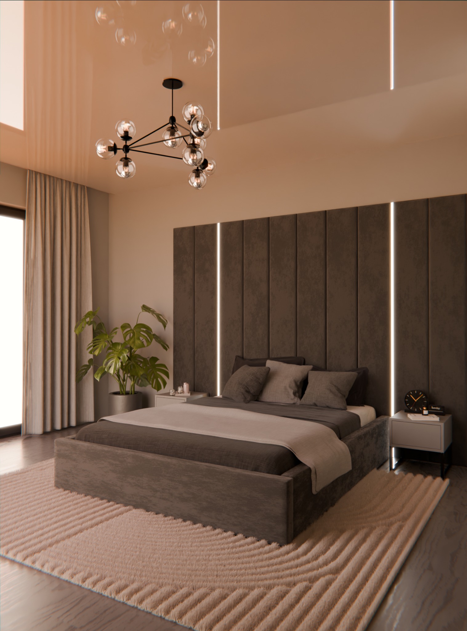 Nowoczesna sypialnia z łóżkiem kontynentalnym, panelem tapicerowanym z podświetleniem LED, designerską lampą sufitową i puszystym dywanem z geometrycznym wzorem.