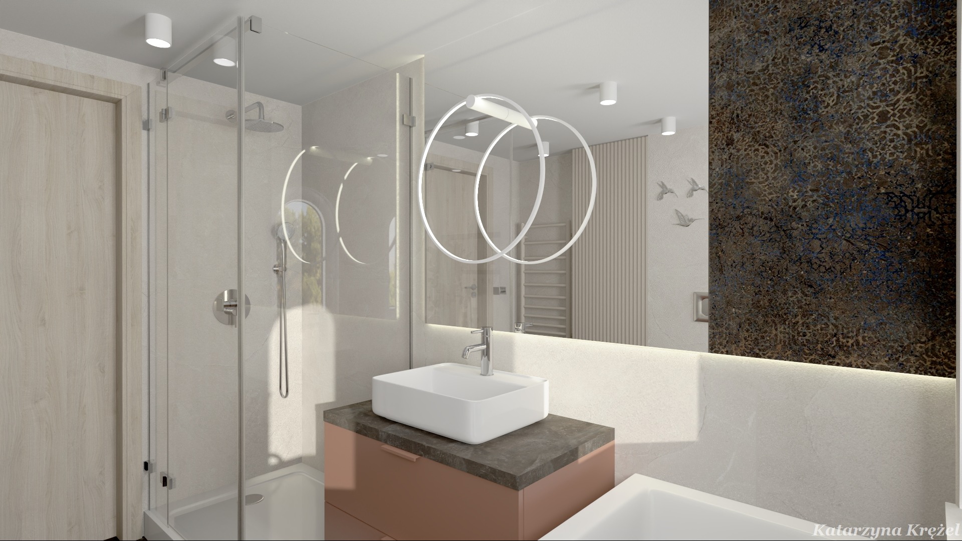 Wizualizacja łazienki z kabiną prysznicową typu walk-in, umywalką nablatową na szafce w kolorze pudrowego różu z blatem imitującym kamień, okrągłym oświetleniem LED nad lustrem oraz dekoracyjną...