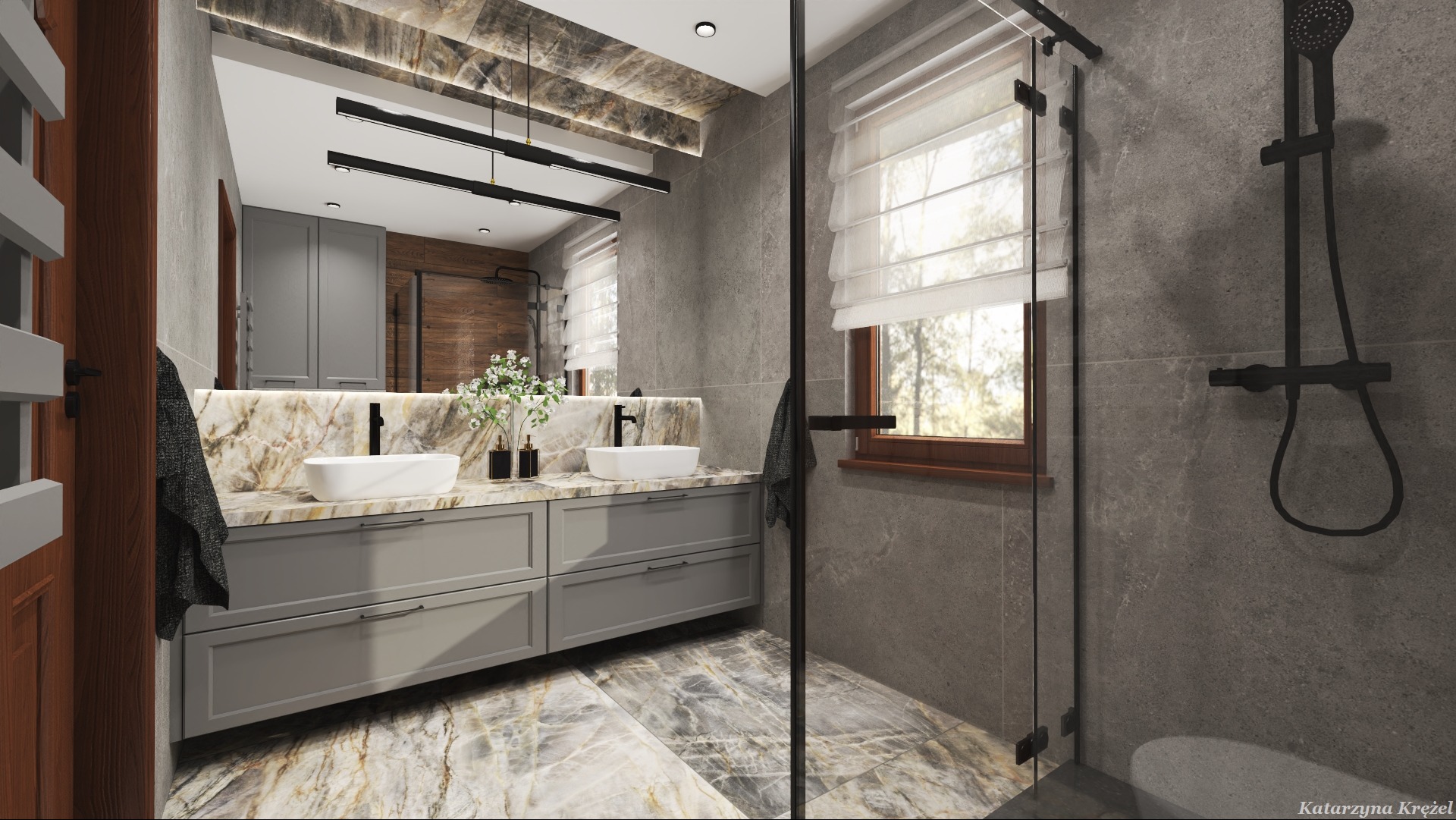 Wizualizacja łazienki z szarą szafką pod umywalką z marmurowym blatem, czarną armaturą i kabiną prysznicową ze szklaną ścianką, okno z roletą rzymską.