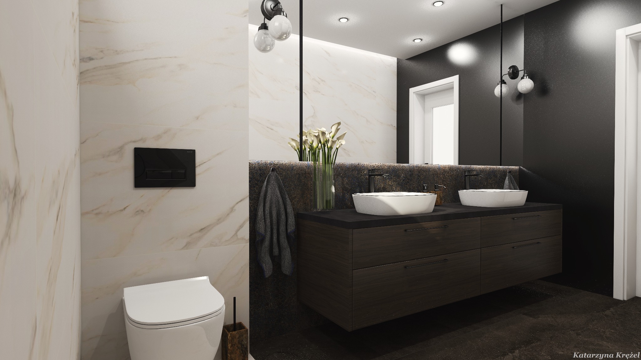 Nowoczesna łazienka z marmurowymi płytkami, wiszącą toaletą, podwójną umywalką nablatową na ciemnej szafce z szufladami, czarną armaturą i dekoracyjnymi lampami ściennymi.