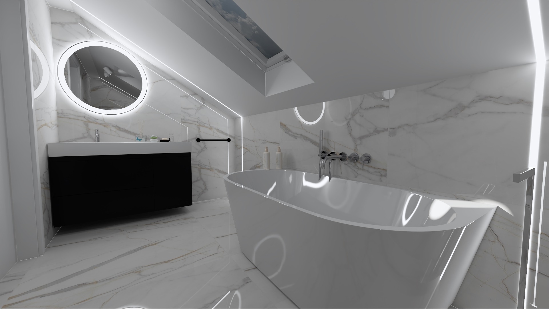Nowoczesna łazienka na poddaszu ze skośnym sufitem i oknem dachowym, białe marmurowe płytki, owalna wanna, czarna szafka pod umywalką i okrągłe lustro z podświetleniem LED.
