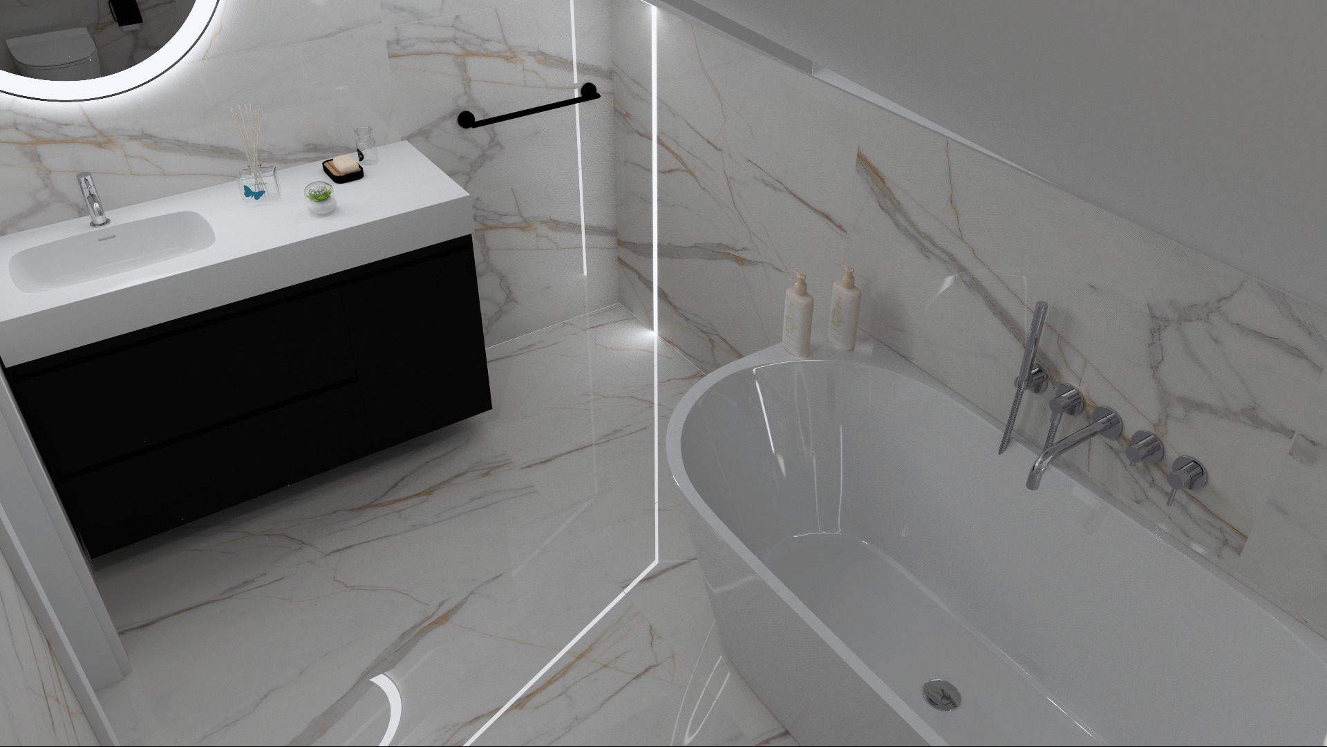 Wizualizacja łazienki z białą wanną wolnostojącą, umywalką nablatową na czarnej szafce, okrągłym lustrem z podświetleniem LED i marmurowymi płytkami na ścianach i podłodze.