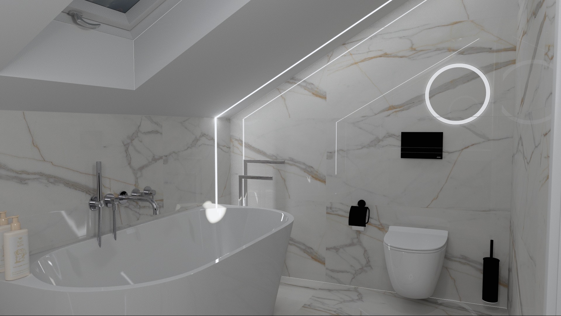 Nowoczesna łazienka z marmurowymi ścianami, wolnostojącą białą wanną, podświetlanym lustrem, wiszącą toaletą i oknem dachowym.