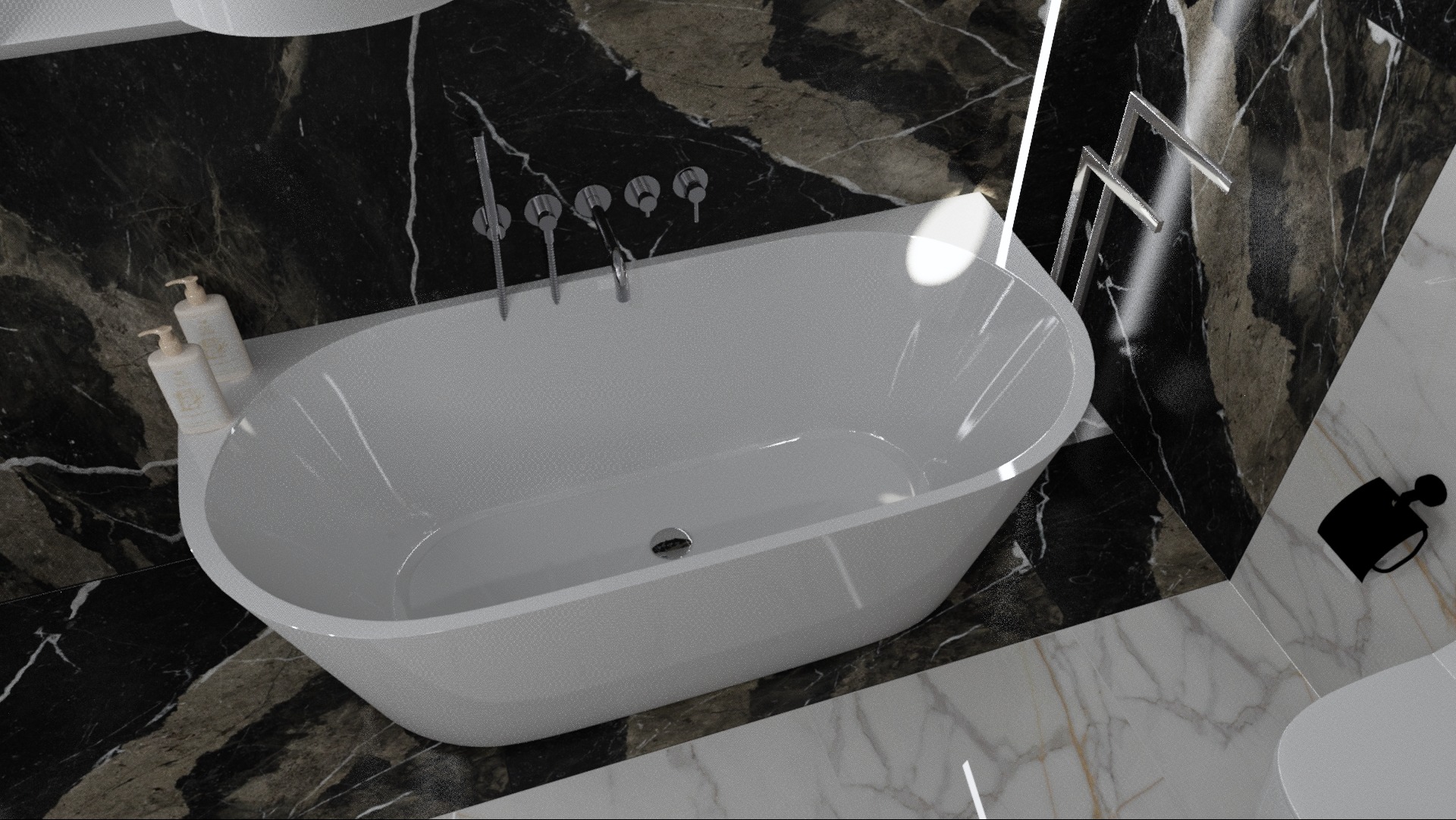 Nowoczesna biała wanna wolnostojąca z chromowaną armaturą na tle ściany z czarnego marmuru z białymi żyłami, uzupełniona o dozowniki mydła i czarny uchwyt na papier toaletowy.