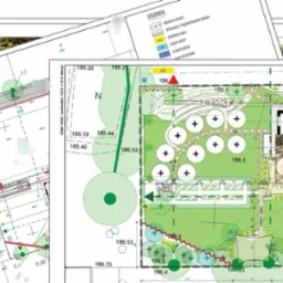 Przykładowa koncepcja ogrodu przydomowego z sadem śliwowym.