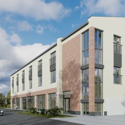 BUDOWNICTWO I ZIELEŃ - Wizualizacja budynku usługowego z elementami cegły, balkonami i dużymi oknami, otoczonego zielenią i z zaparkowanym klasycznym samochodem na parkingu.