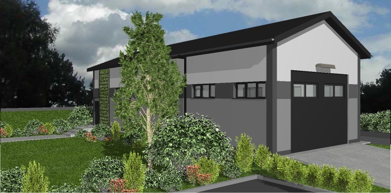 Przykładowy projekt warsztatu z terenem zielonym na etapie koncepcji.