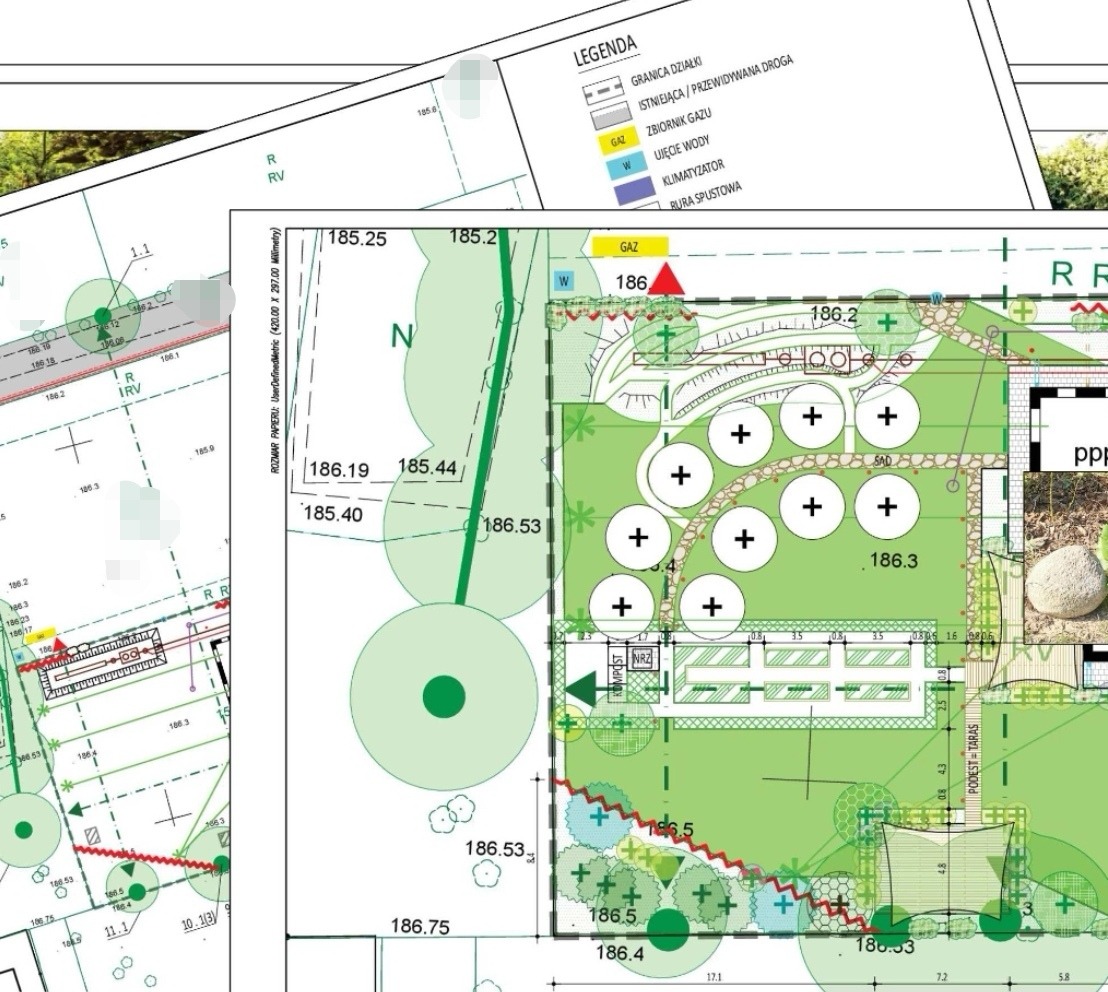 Przykładowa koncepcja ogrodu przydomowego z sadem śliwowym.