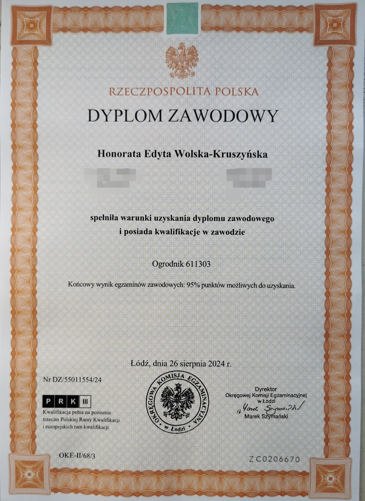 Skan dyplomu zawodowego ogrodnika z 95% wynikiem egzaminu zawodowego, wydany w Łodzi, 26 sierpnia 2024.