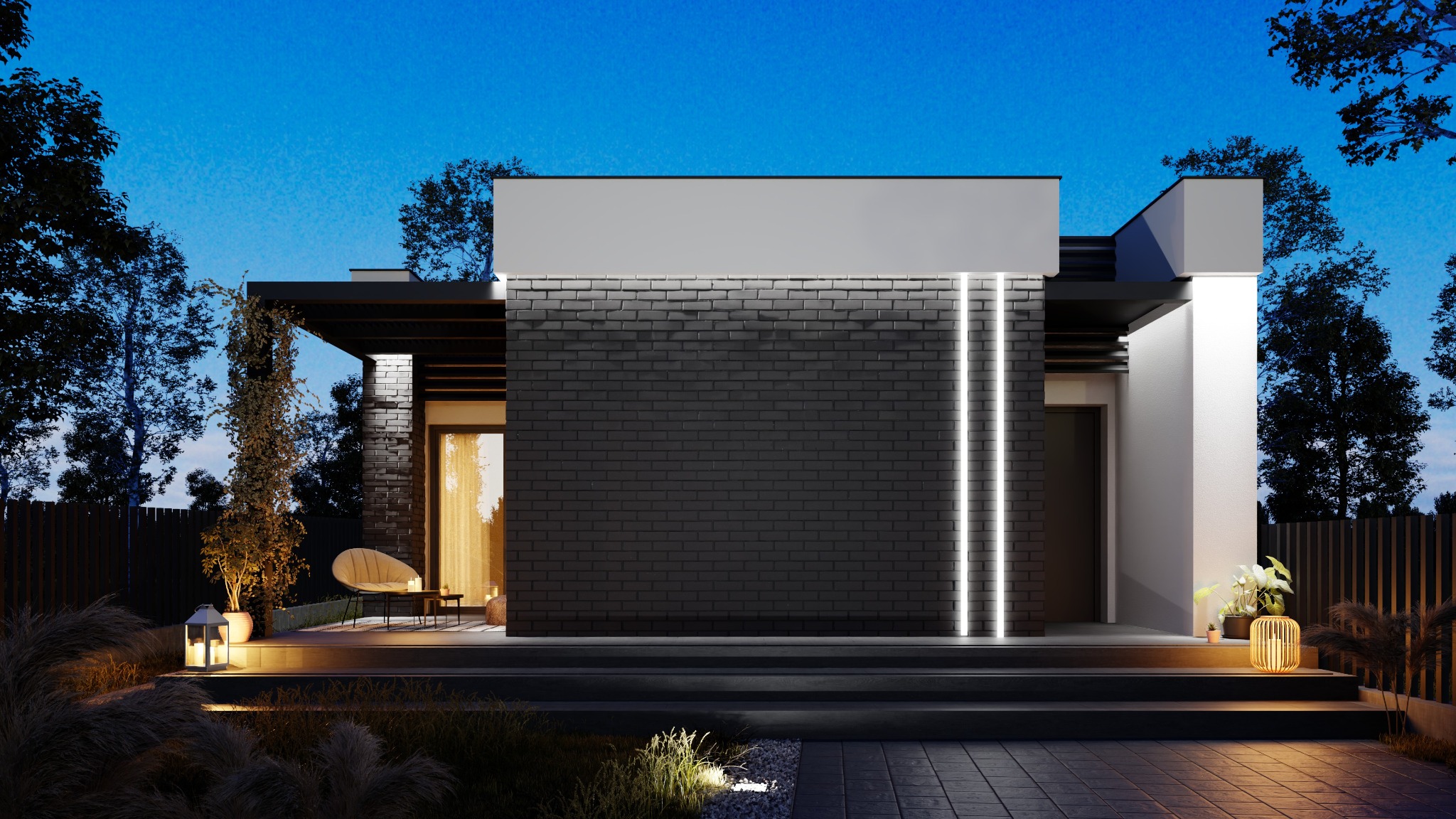 Nowoczesny dom jednorodzinny z czarną cegłą, oświetleniem LED i tarasem z meblami ogrodowymi, widok z poziomu chodnika o zmierzchu.