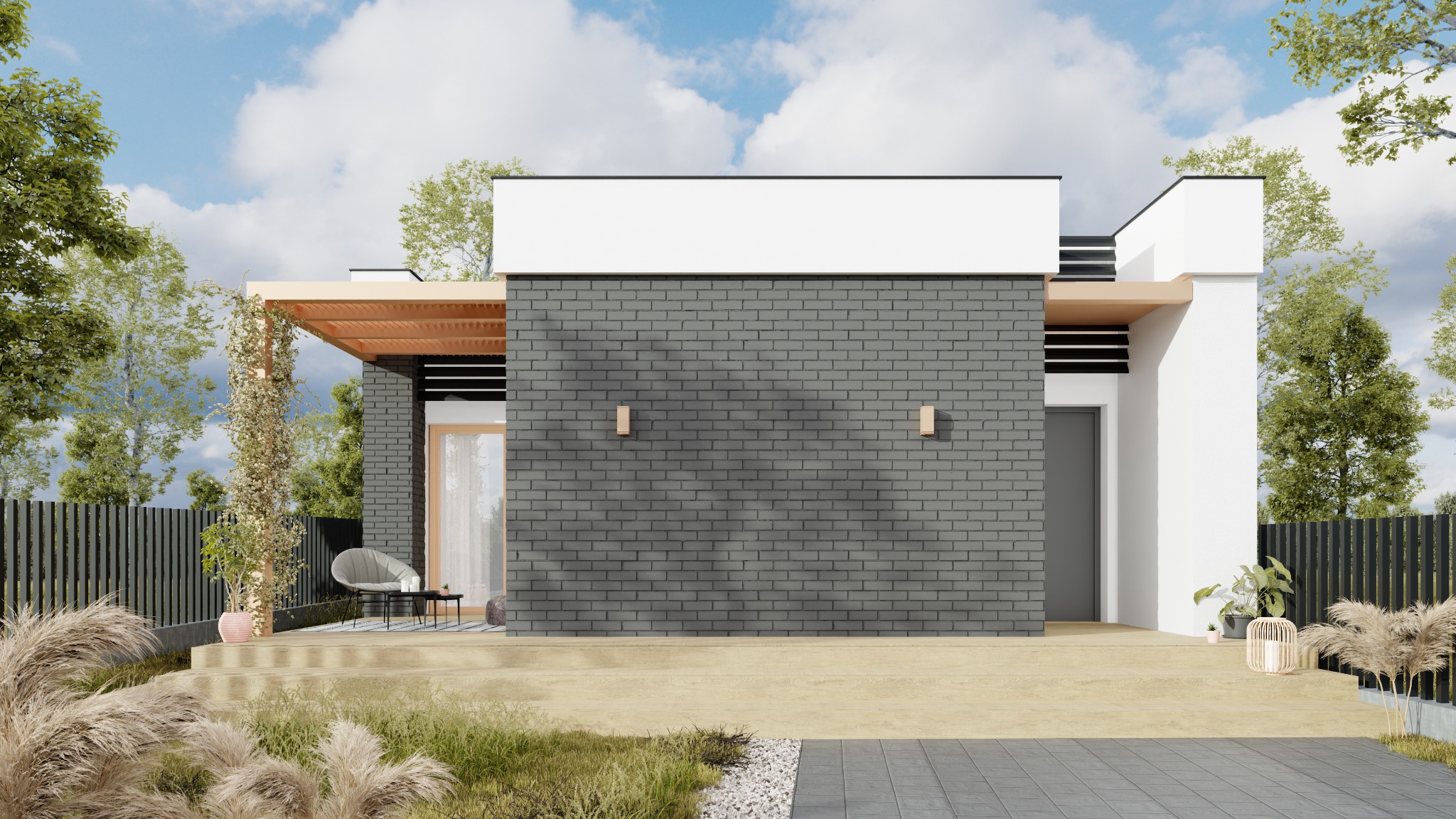 Nowoczesny dom jednorodzinny z szarej cegły klinkierowej, z drewnianą pergolą nad tarasem, minimalistycznym ogrodem i elementami białej elewacji.