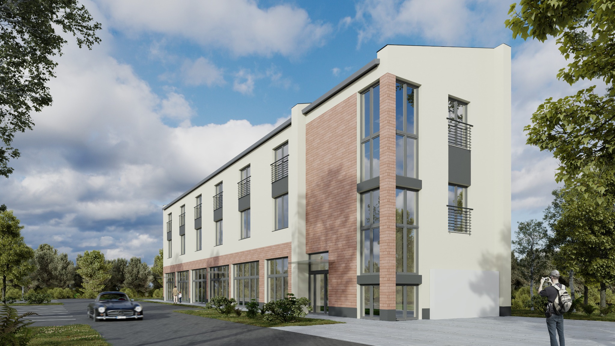 Wizualizacja budynku usługowego z elementami cegły, balkonami i dużymi oknami, otoczonego zielenią i z zaparkowanym klasycznym samochodem na parkingu.