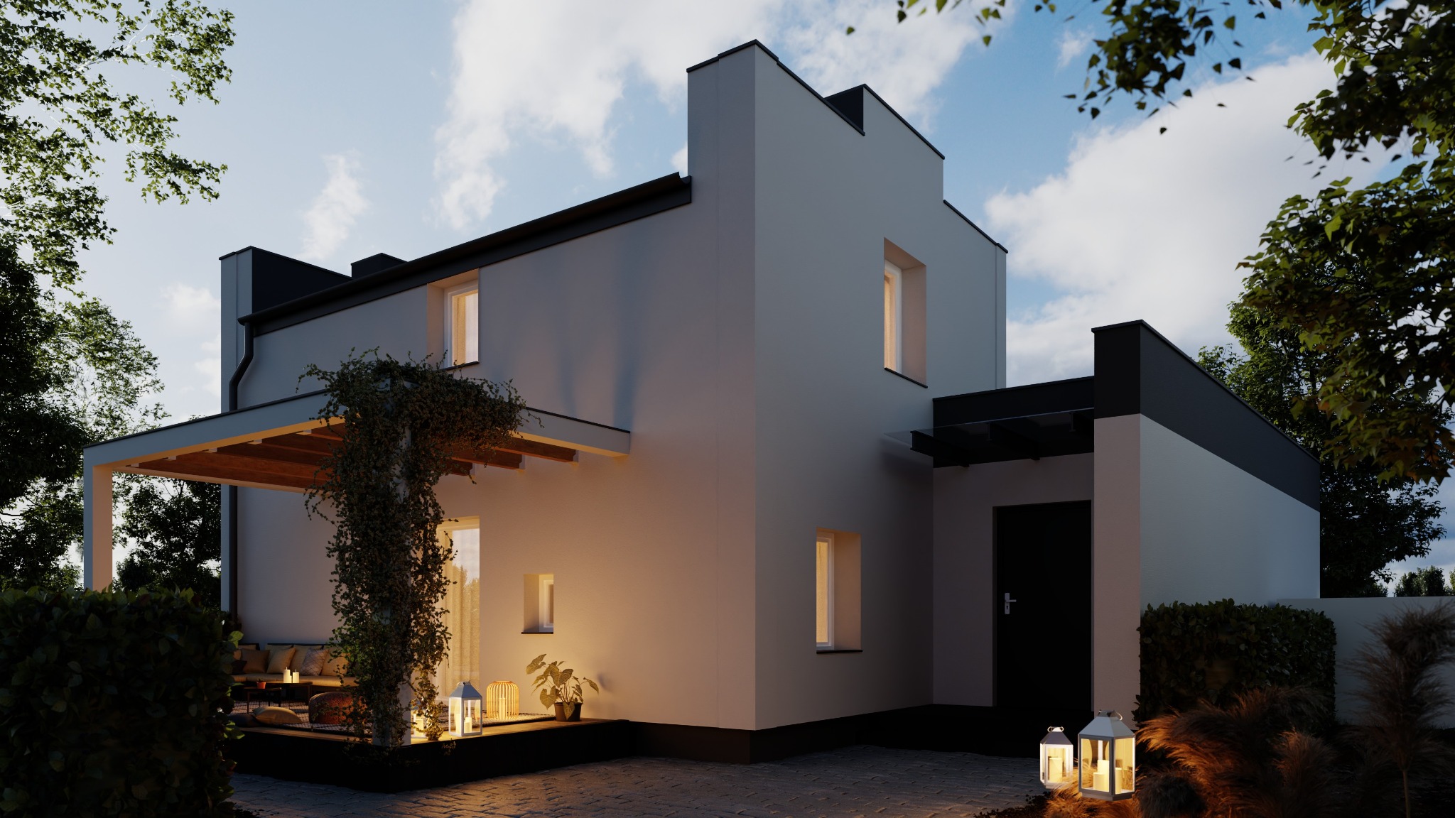Nowoczesny dom jednorodzinny z płaskim dachem oświetlony wieczornym światłem, z tarasem porośniętym bluszczem i dekoracyjnymi lampionami na brukowanym podjeździe.