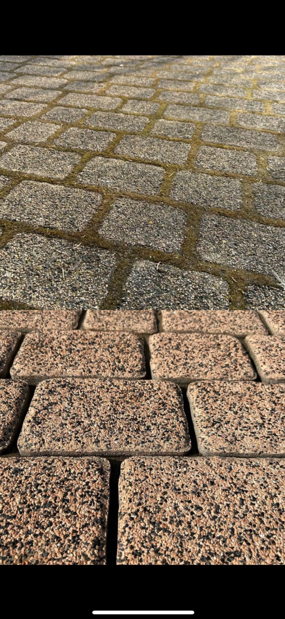 Dwa rodzaje kostki brukowej: szara z mchem w spoinach i różowa, czysta. Widok z bliska, ukazujący różnicę w wyglądzie i stanie nawierzchni.