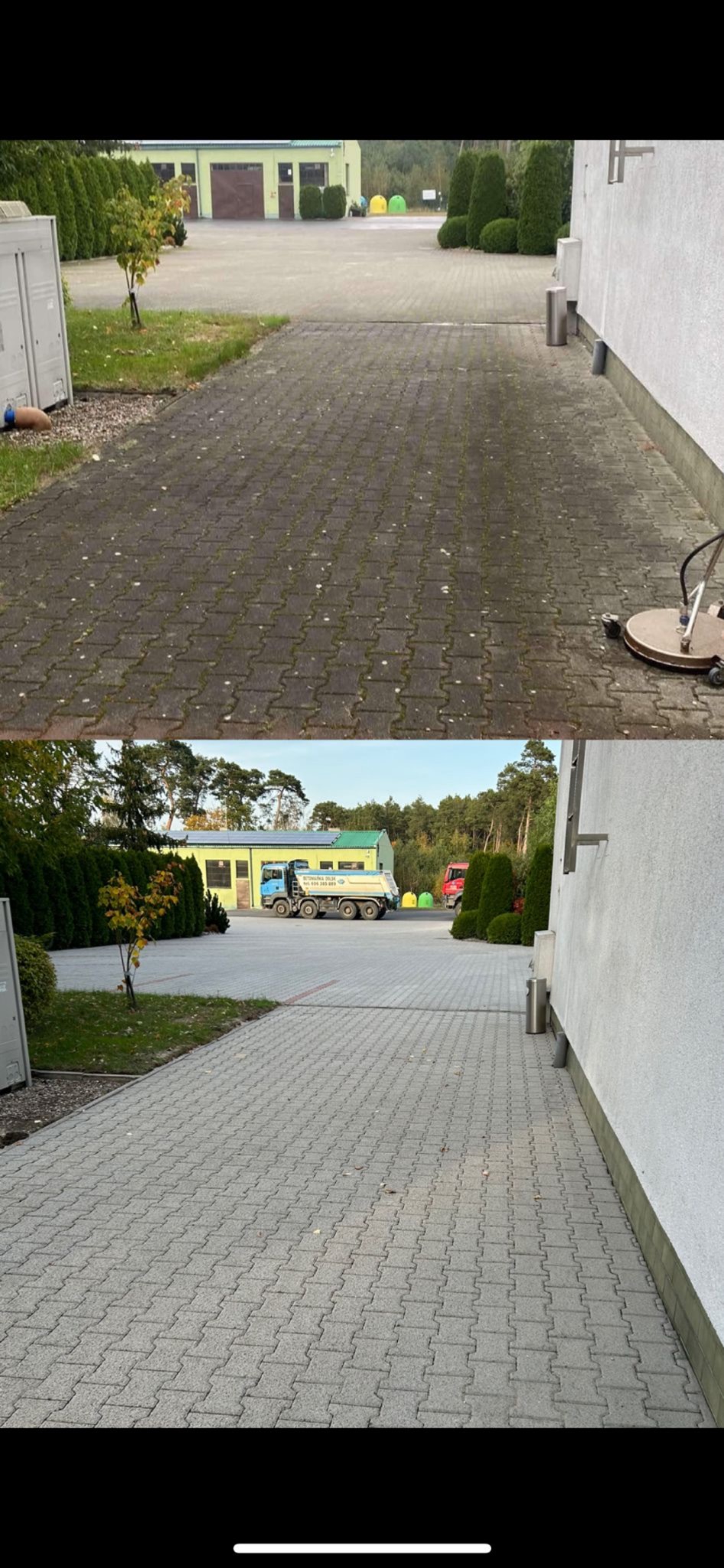 Zdjęcie 'przed i po' mycia kostki brukowej na posesji. Górna część kadru ukazuje zabrudzoną kostkę, dolna - czystą. W tle budynek i zieleń.