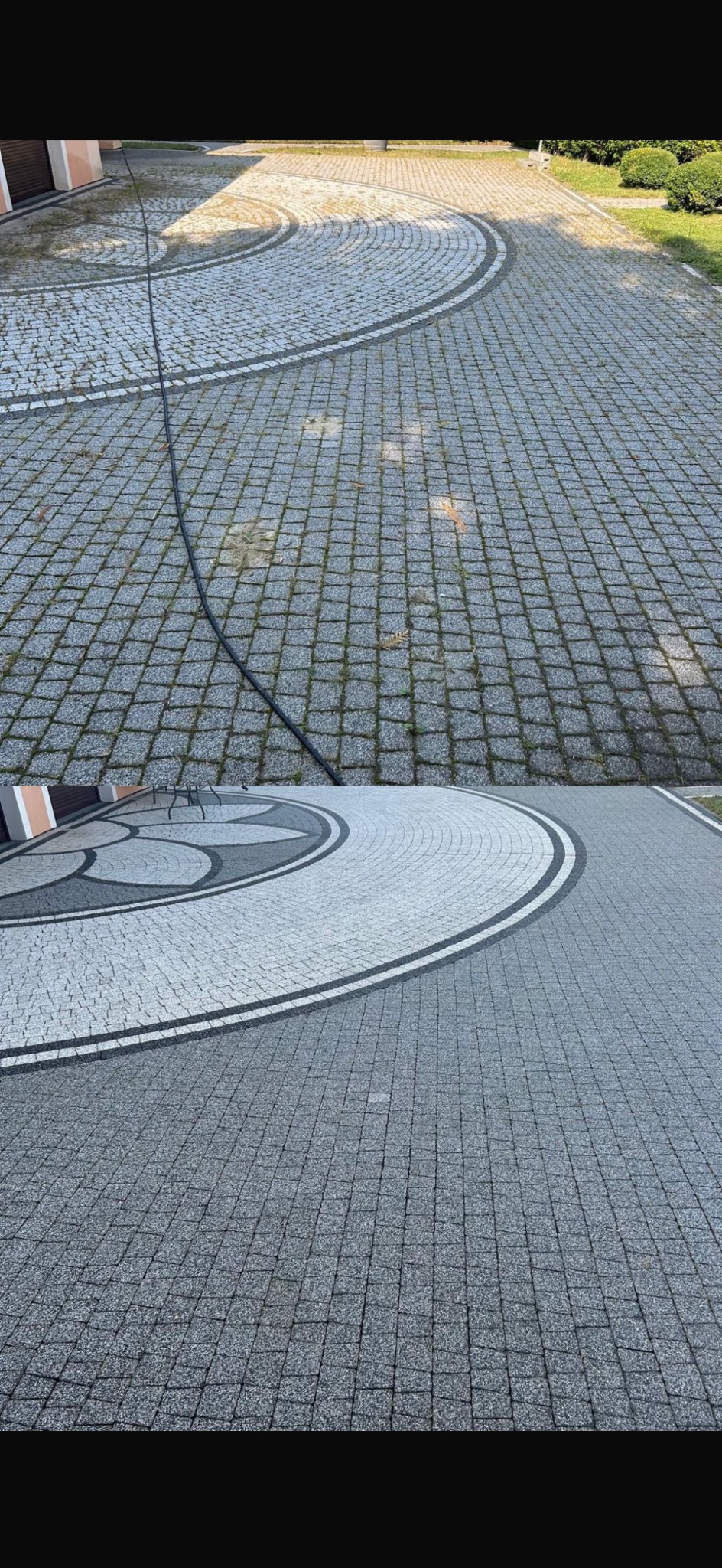 Częściowo wyczyszczona kostka brukowa z widocznym wężem do mycia. Na dole kostka po czyszczeniu, na górze przed. Widok z góry na szarą kostkę.