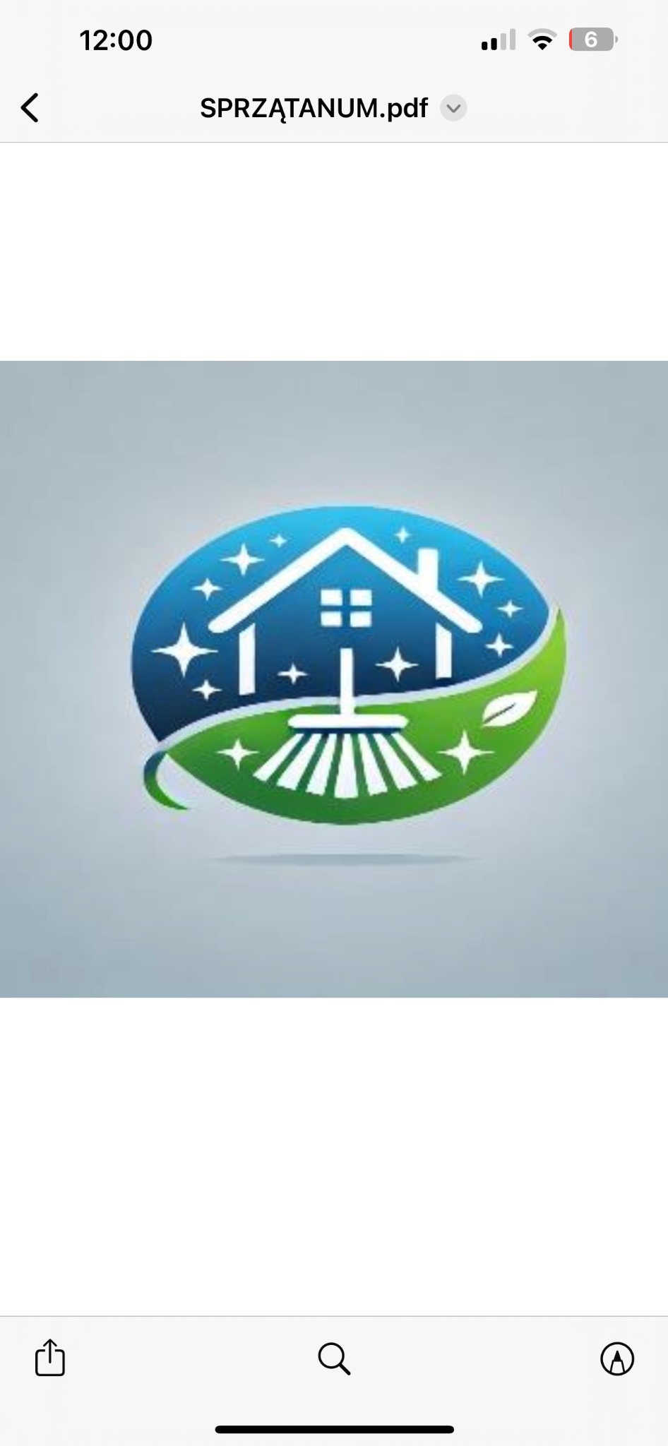 Logo firmy sprzątającej: Stylizowany dom z oknami, gwiazdami i liściem w niebiesko-zielonej elipsie, imitujące czystość i ekologiczne podejście.