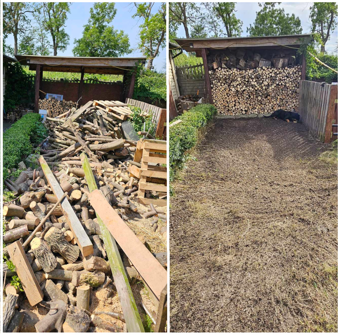 Porównanie stanu przed i po: sterta pociętego drewna w Dobrzycy kontra uporządkowane drewno pod zadaszeniem, z przygotowanym podłożem i odpoczywającym psem.