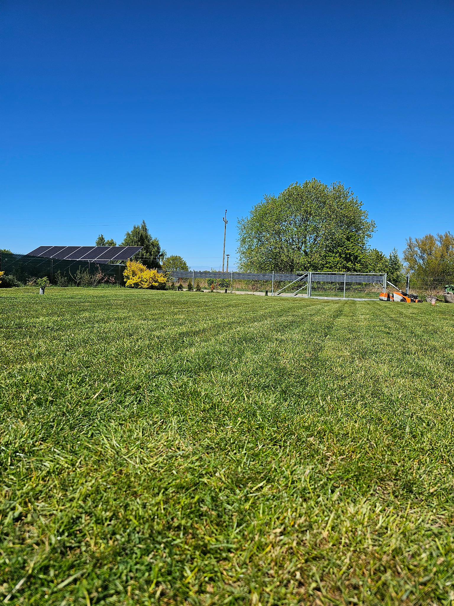 Świeżo skoszony trawnik z widocznymi pasami, na tle drzew i ogrodzenia. W tle panele słoneczne i kosiarka. Błękitne niebo.