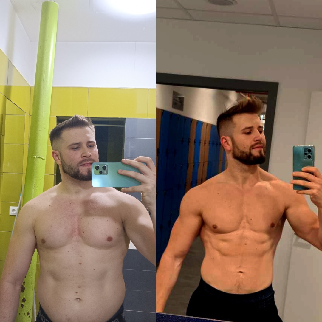 Mężczyzna robi selfie w lustrze, prezentując transformację sylwetki przed i po treningu. Po lewej stronie widoczna sylwetka przed treningiem, po prawej - po treningu, z wyraźnie zarysowanymi...