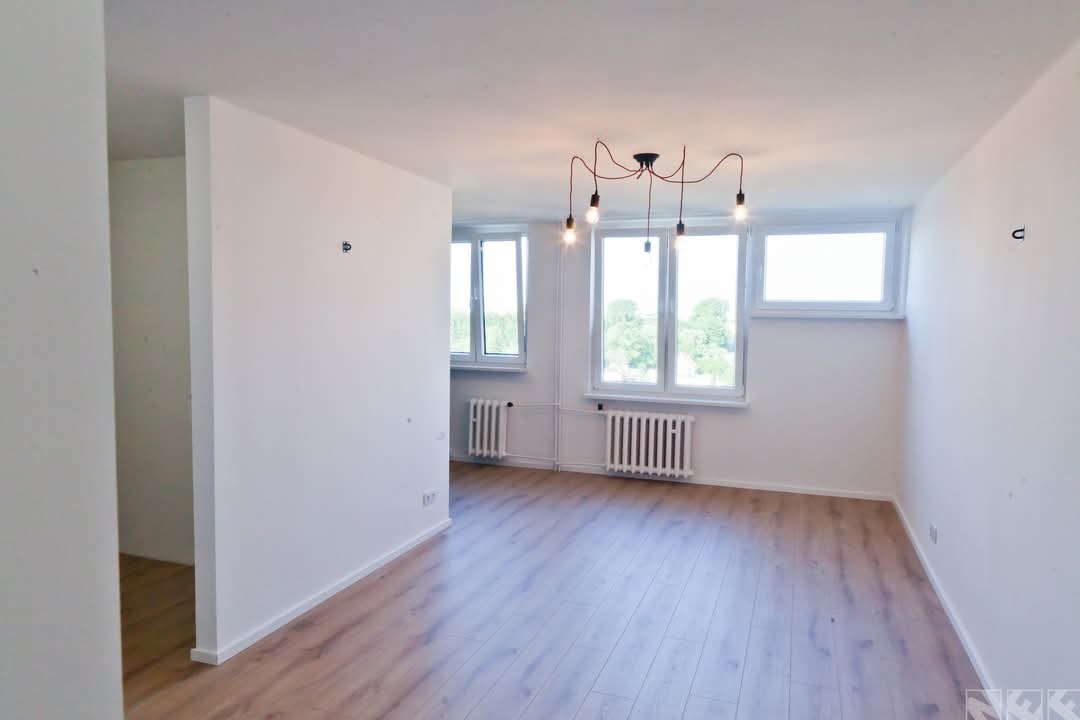 Pusty pokój po remoncie z parkietem, białymi ścianami, trzema oknami z widokiem na drzewa i nowoczesną lampą z żarówkami na długich kablach.