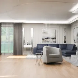 Wizualizacja salonu z aneksem jadalnym dla osoby prywatnej