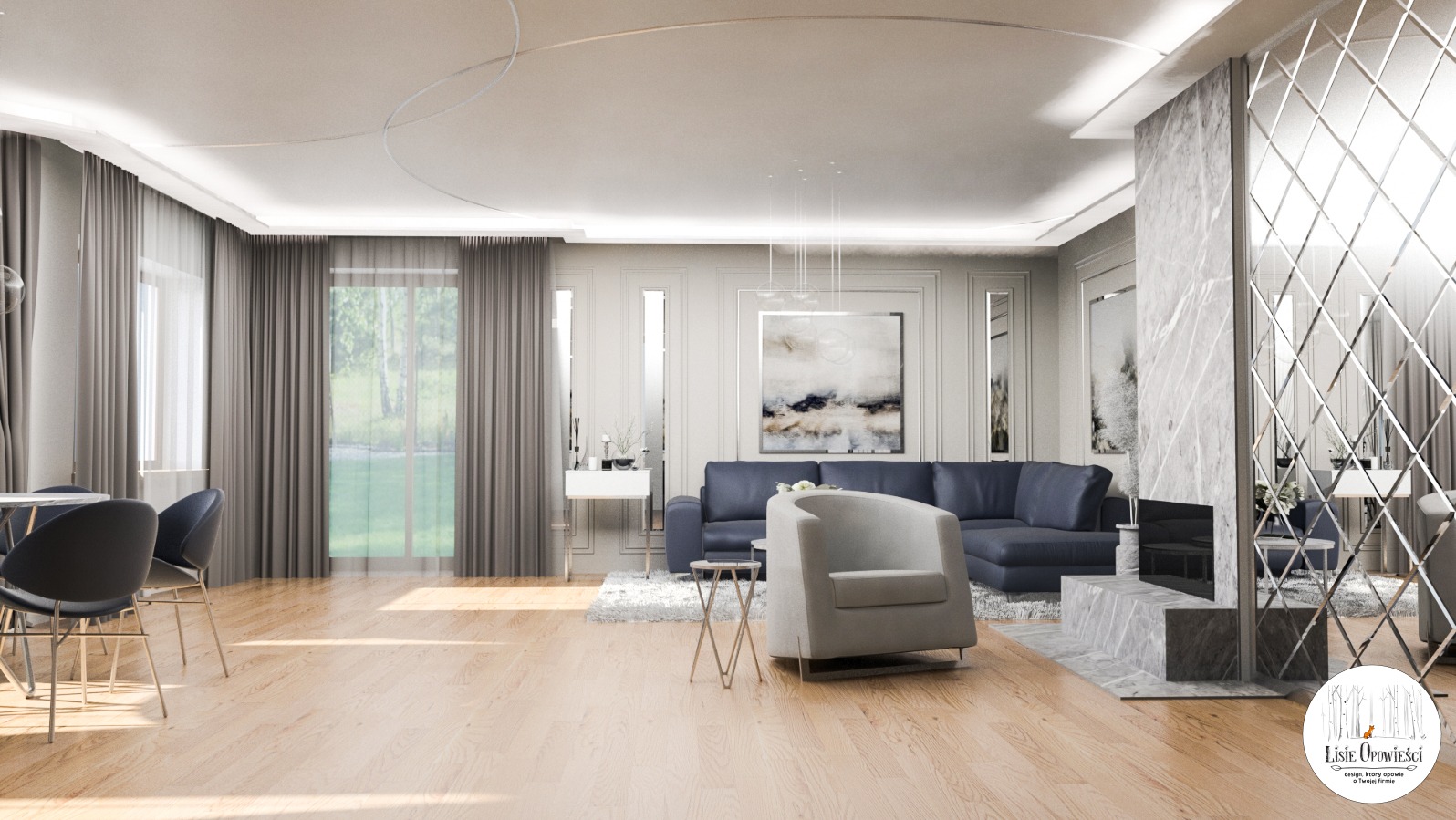 Wizualizacja salonu z aneksem jadalnym dla osoby prywatnej