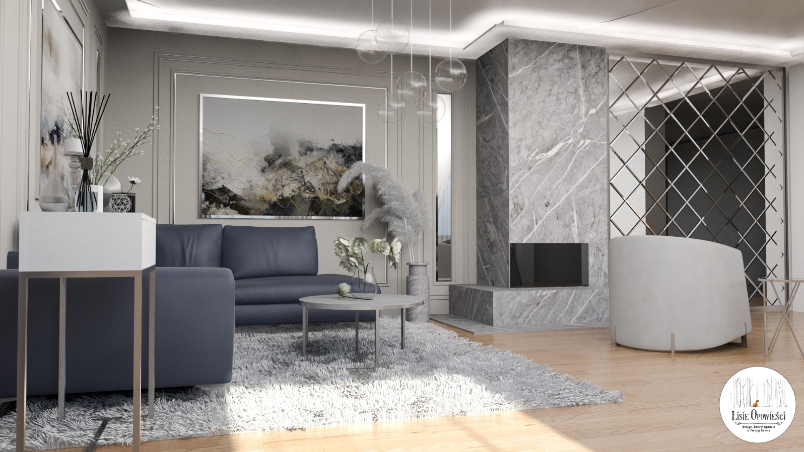 Wizualizacja salonu z szarą sofą, marmurowym kominkiem i lustrzaną ścianą, oświetlonego wiszącymi lampami w kształcie kul.
