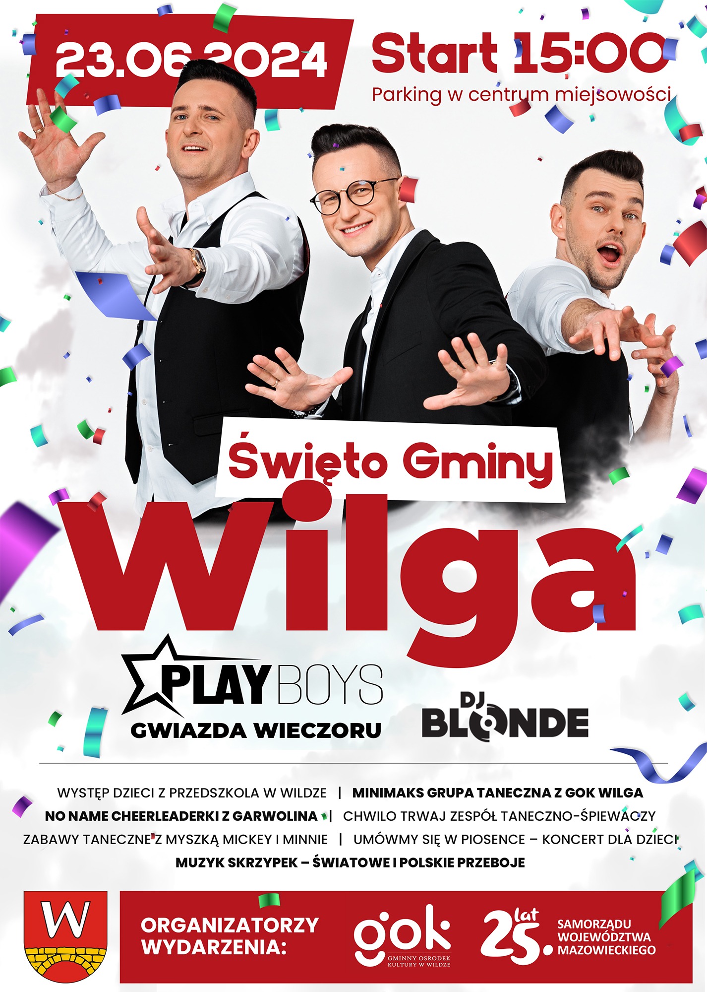 Plakat reklamowy wydarzenia 'Święto Gminy Wilga' z zespołem Playboys jako gwiazdą wieczoru, datą 23.06.2024, godziną rozpoczęcia 15:00 i informacją o parkingu w centrum miejscowości, z trzema...