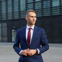 Młody mężczyzna w granatowym garniturze i bordowym krawacie, stoi na tle nowoczesnego budynku. Spojrzenie skierowane w bok, zegarek na nadgarstku.