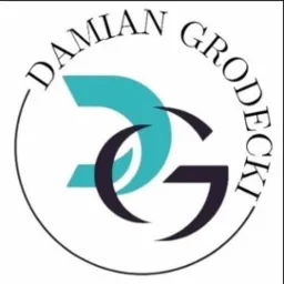 Logo z inicjałami DG w kolorach turkusowym i granatowym, otoczone okręgiem z napisem 'DAMIAN GRODECKI'.