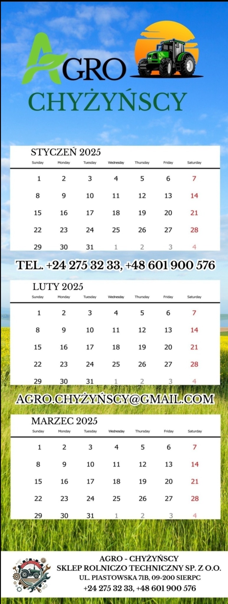 Kalendarz firmowy Agro Chyżyńscy z logo, ilustracją traktora i trzema miesiącami: styczeń, luty, marzec 2025.