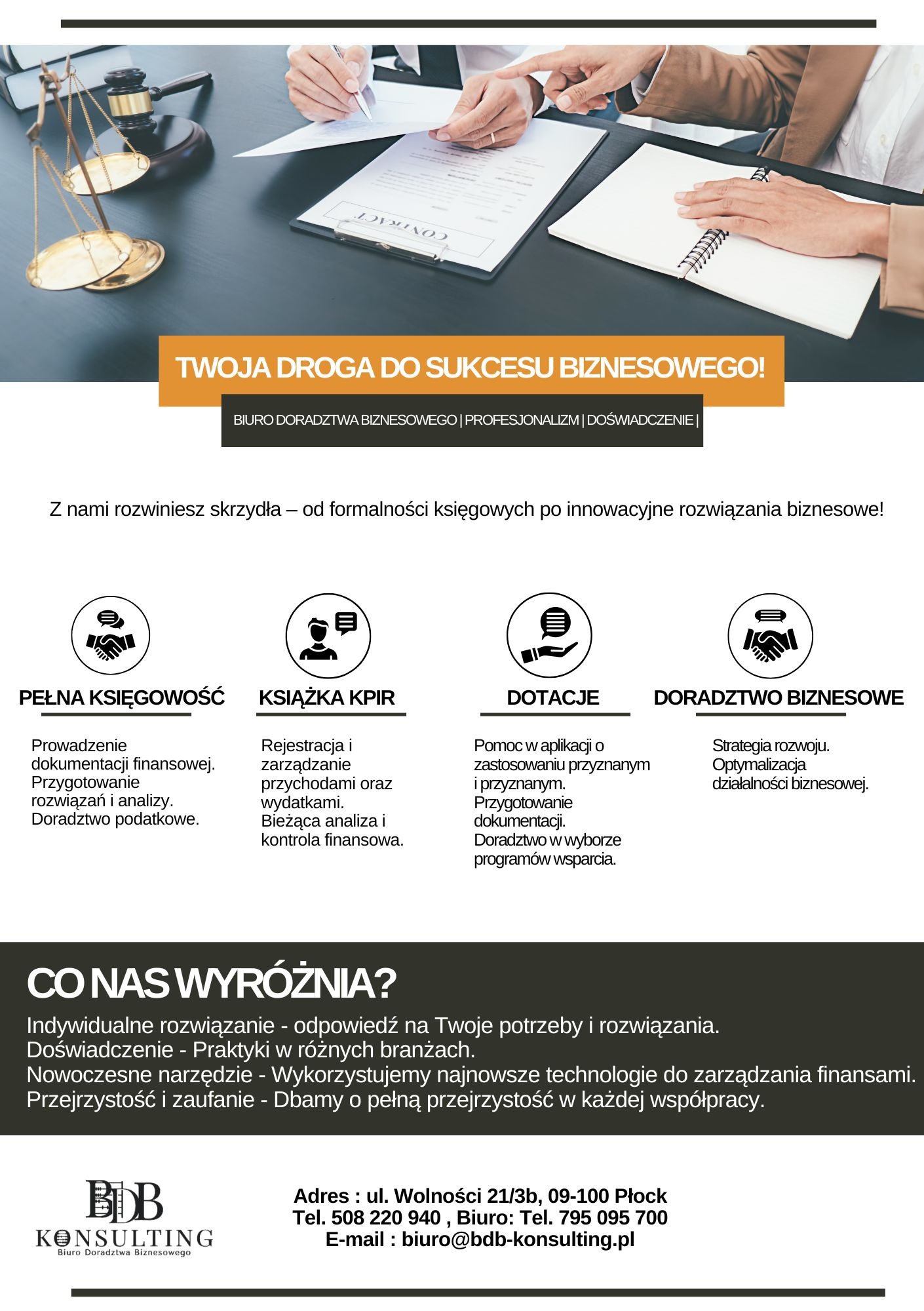 Grafika reklamowa biura doradztwa biznesowego z motywem wagi sprawiedliwości, młotka sędziowskiego i dłoni podpisujących umowę.