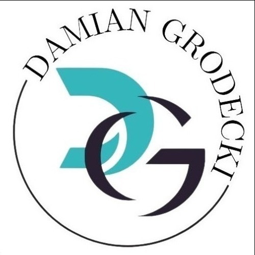 Logo z inicjałami DG w kolorach turkusowym i granatowym, otoczone okręgiem z napisem 'DAMIAN GRODECKI'.
