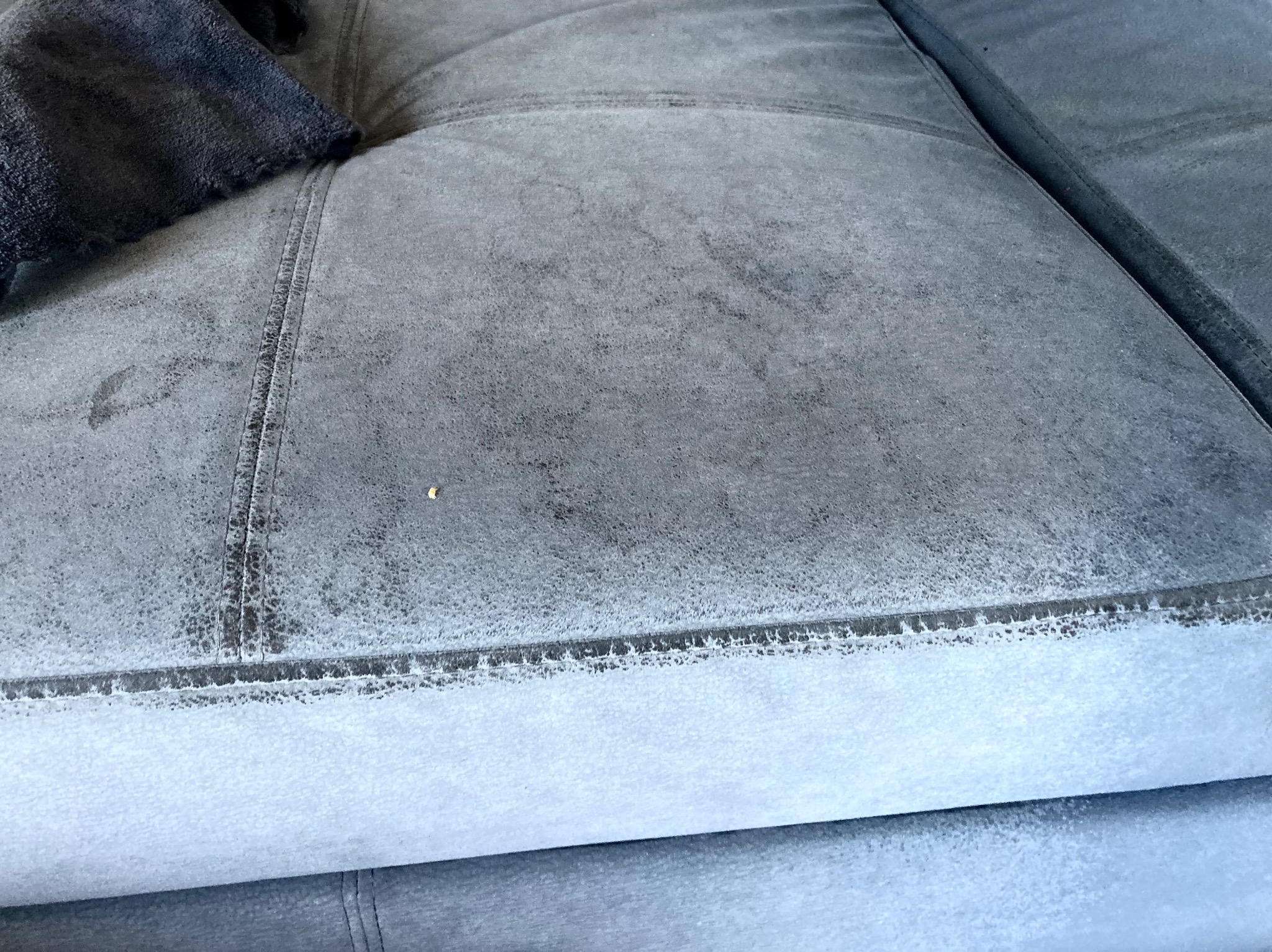 Szara kanapa z plamami, częściowo czyszczona, widoczna ciemna ściereczka w lewym górnym rogu, jasny pas na dole kanapy po czyszczeniu.