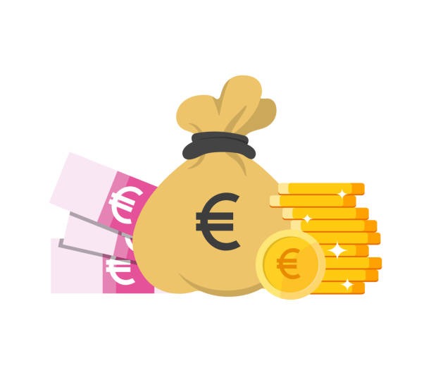 Stylizowany worek z symbolem euro, obok stos banknotów i stos złotych monet.