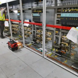 Elektryk w kamizelce odblaskowej pracuje nad rozbudowaną szafą sterowniczą z modułami Siemens Sinamics, widoczne liczne przewody, złączki, transformatory i skrzynka narzędziowa Milwaukee Fuel...