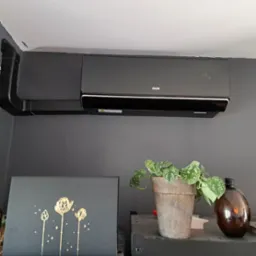 Czarna jednostka klimatyzacji AUX zamontowana na szarej ścianie w pomieszczeniu, poniżej dekoracje: roślina w doniczce, obrazek z motywem kwiatowym i brązowa butelka.