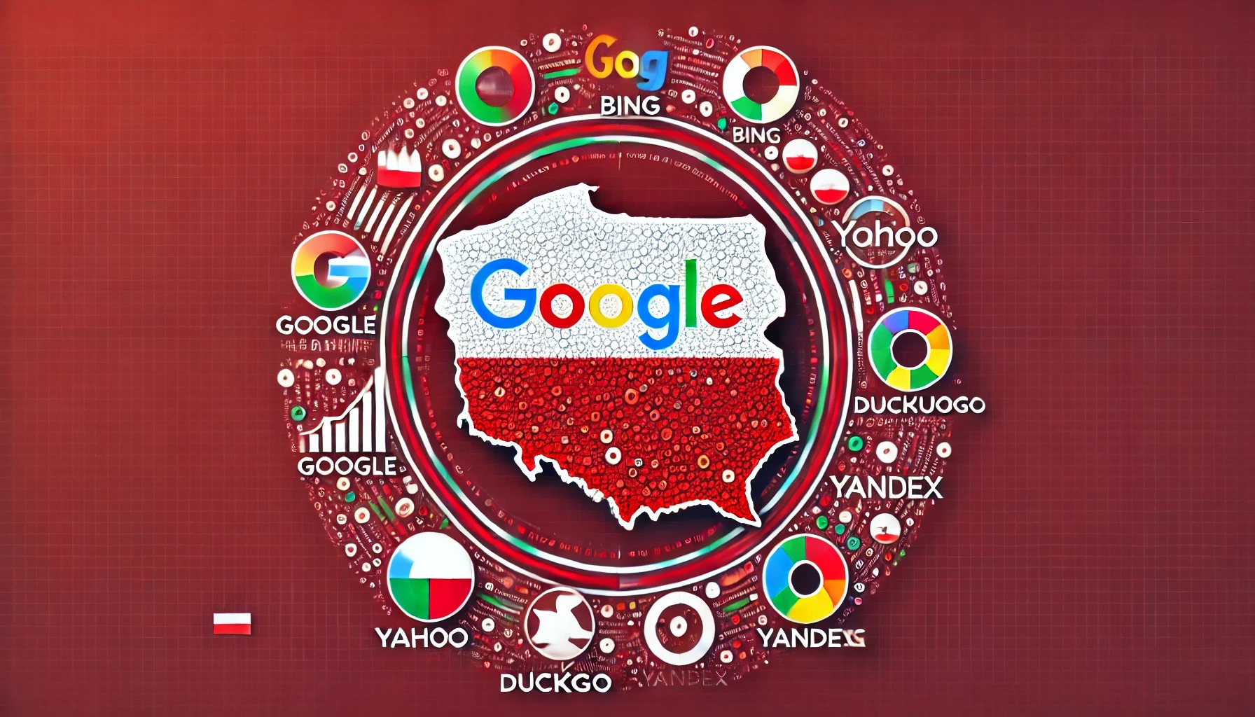 Grafika przedstawia mapę Polski w barwach narodowych z napisem Google, otoczoną logotypami różnych wyszukiwarek internetowych, takich jak Bing, Yahoo, DuckDuckGo i Yandex, na czerwonym tle...