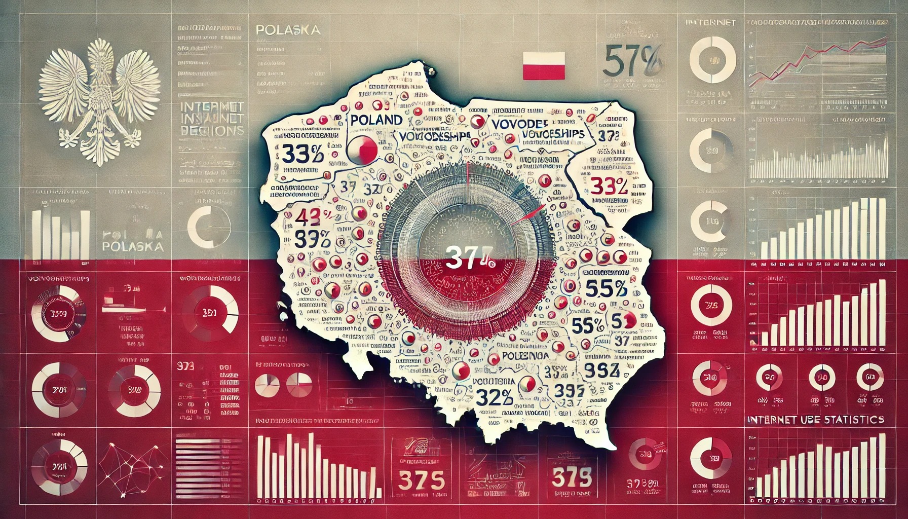 Infografika przedstawiająca statystyki użycia Internetu w Polsce, z mapą kraju, wykresami kołowymi i słupkowymi, oraz flagą i godłem państwowym.