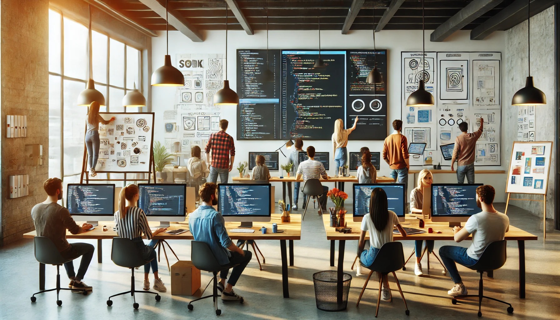 Otwarta przestrzeń biurowa z zespołem programistów pracujących nad kodem na monitorach i tablicach, z widocznym kodem źródłowym i schematami interfejsów.