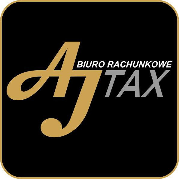 Logo firmy 'AJ TAX Biuro Rachunkowe' na czarnym tle z zaokrąglonymi rogami. Litery 'AJ' w kolorze złotym, 'TAX' w kolorze szarym, napis 'BIURO RACHUNKOWE' czcionką szeryfową.