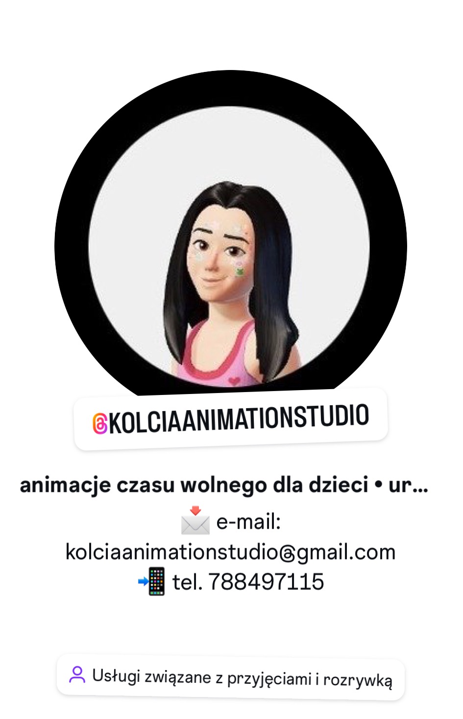 Avatar firmy Kolcia Animation Studio z wizerunkiem animowanej dziewczyny z pomalowaną twarzą, promujący animacje czasu wolnego dla dzieci.