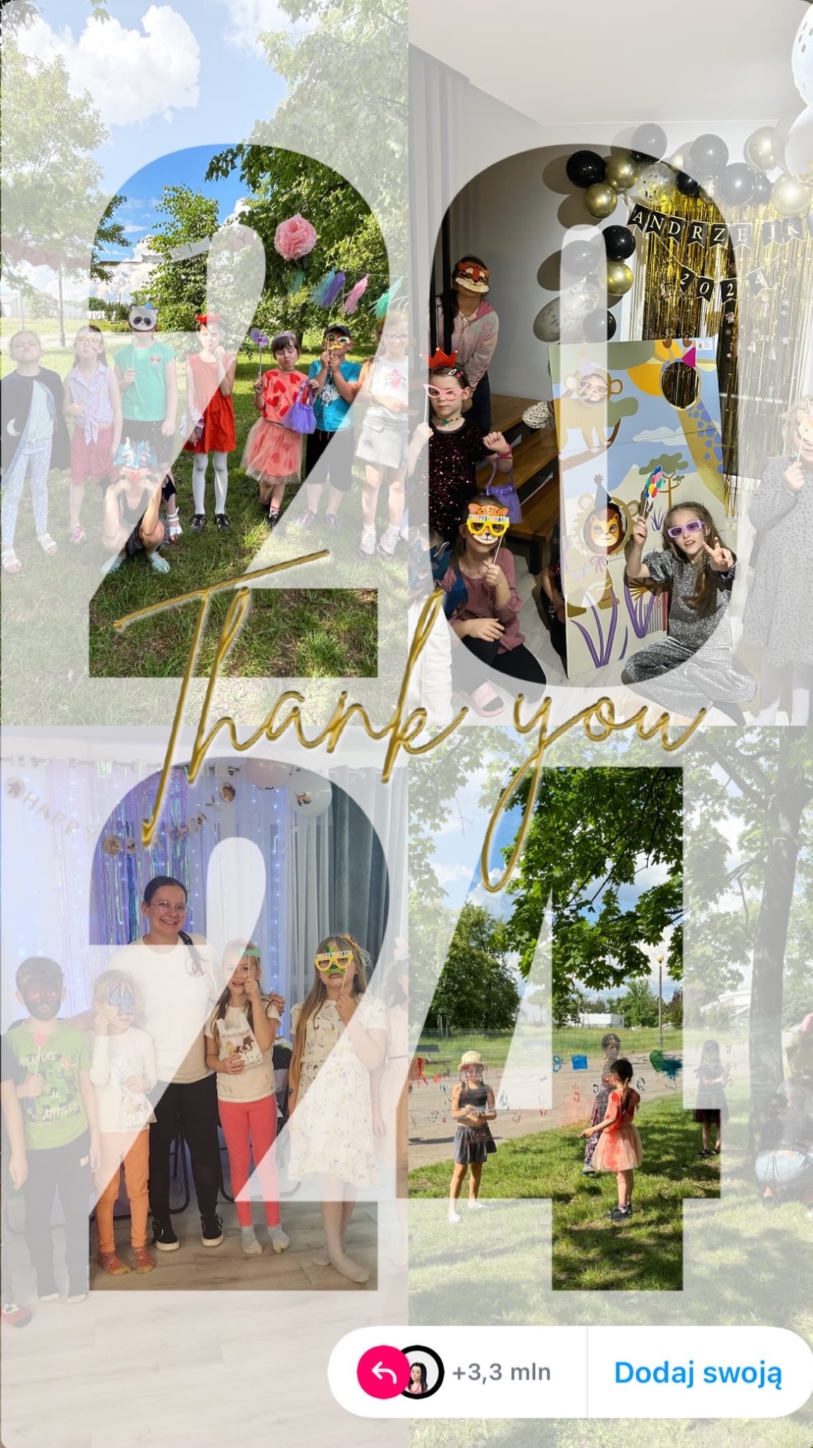 Kolaż zdjęć z urodzin dziecka, zawierający grupowe portrety dzieci w maskach i okularach, dekoracje z balonów i serpentyn oraz napis 'Thank you'.