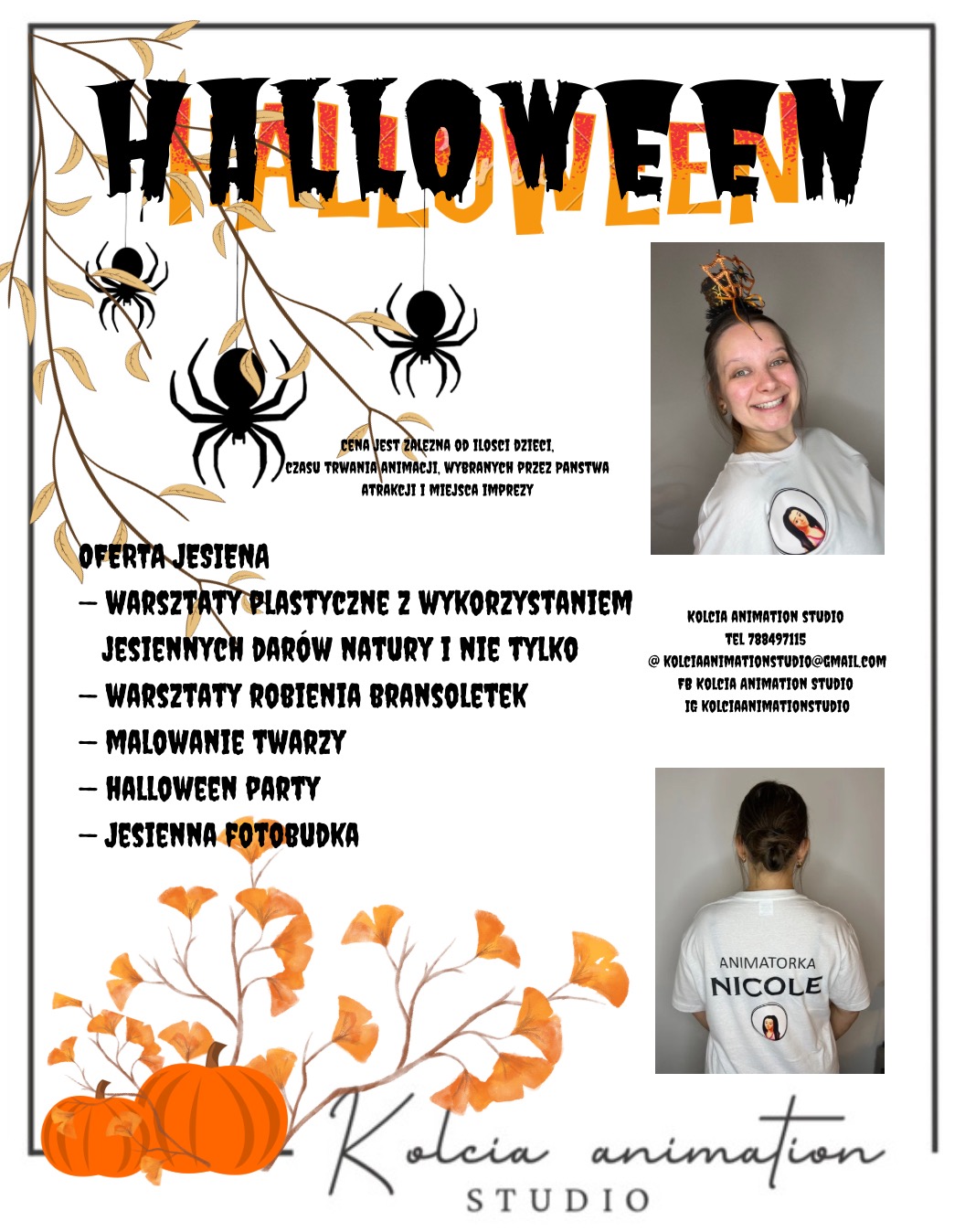 Jesienna oferta animacji: warsztaty plastyczne, robienie bransoletek, malowanie twarzy, Halloween party, fotobudka. Grafika z dyniami, pająkami i animatorką.