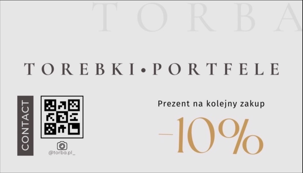 Grafika reklamowa z napisem 'Torebki Portfele', kodem QR, informacją o 10% zniżce na kolejne zakupy oraz danymi kontaktowymi firmy torba.pl_
