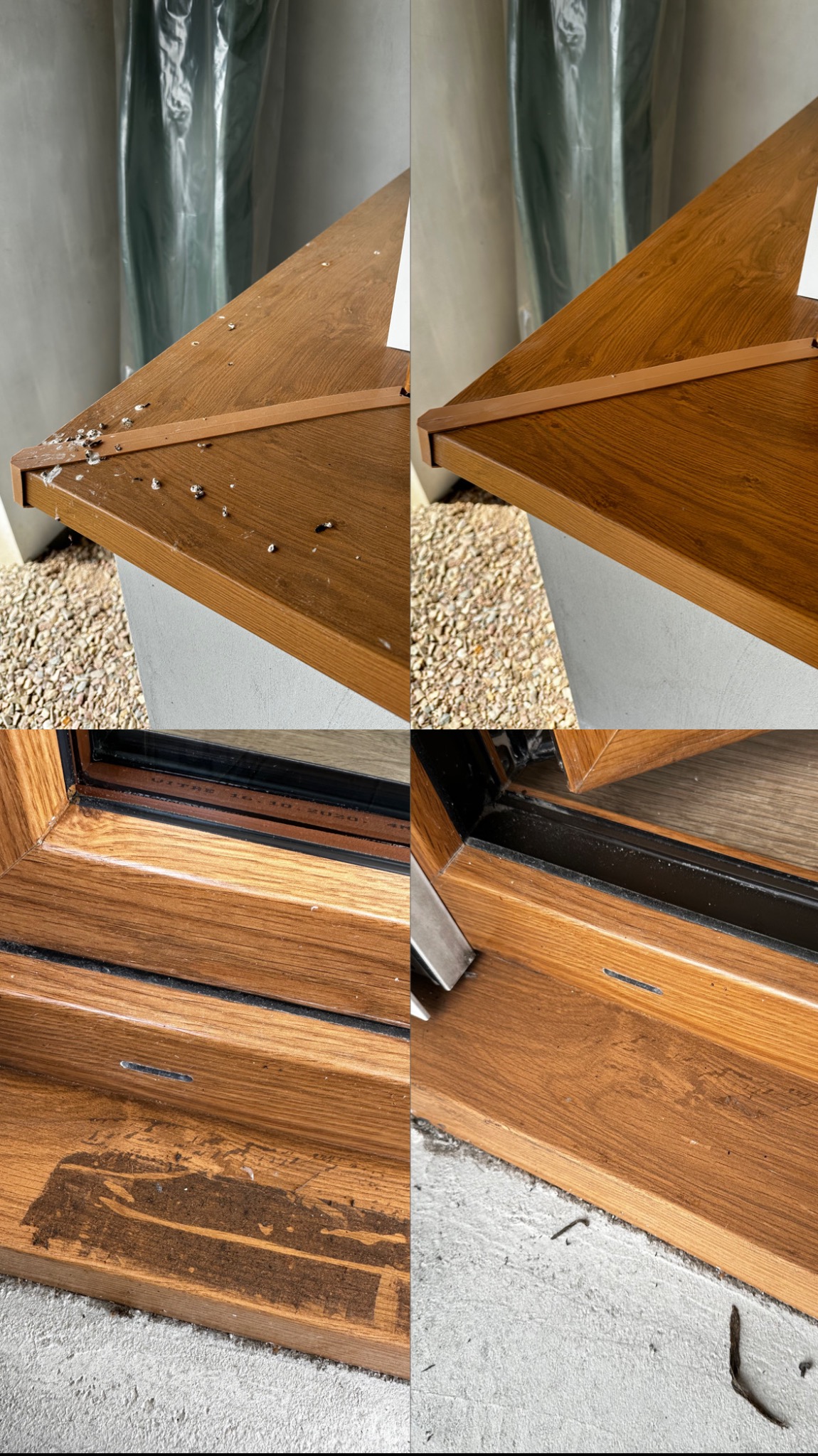 Drewniane okno przed i po czyszczeniu, widoczne zabrudzenia i resztki po remoncie na parapecie oraz w dolnej części ramy okiennej.