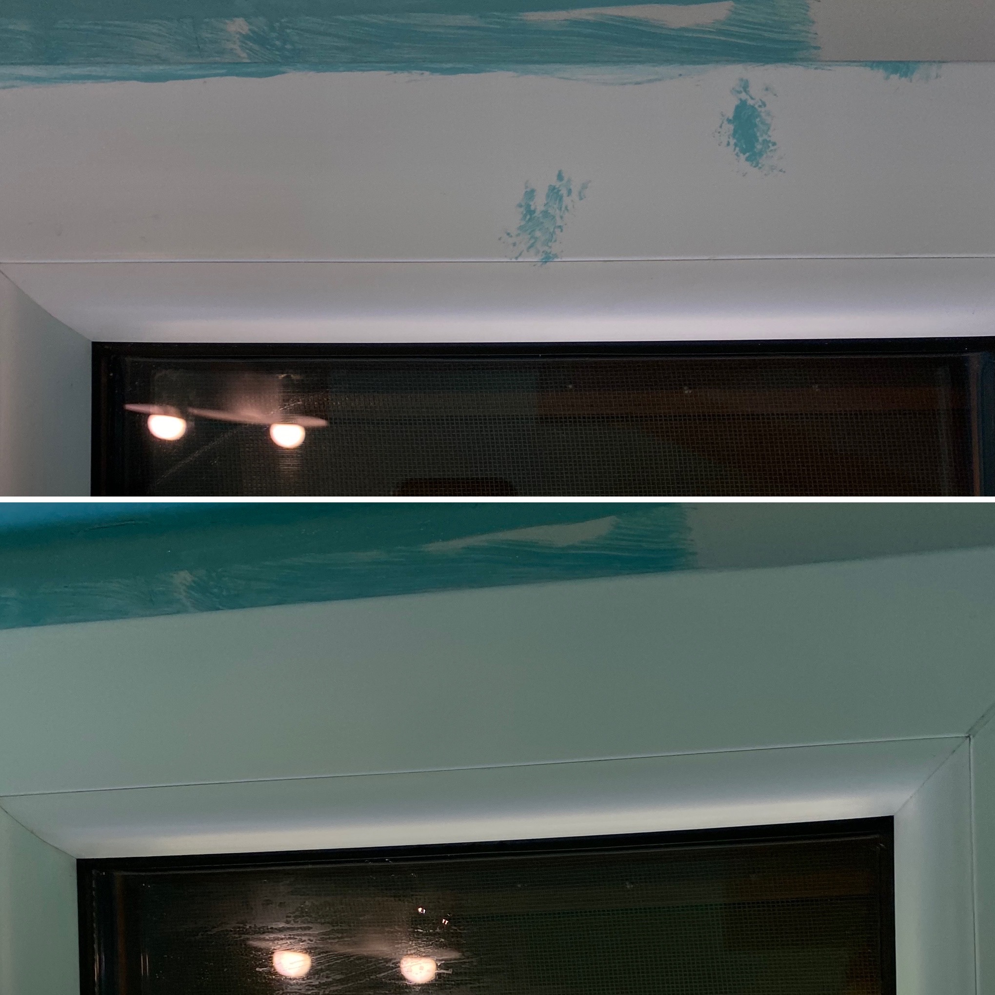 Detale ramy okiennej z widocznymi pozostałościami po taśmie malarskiej i śladami farby na ścianie powyżej, ukazujące etap przygotowania do malowania lub niedokładne usunięcie zabezpieczeń.